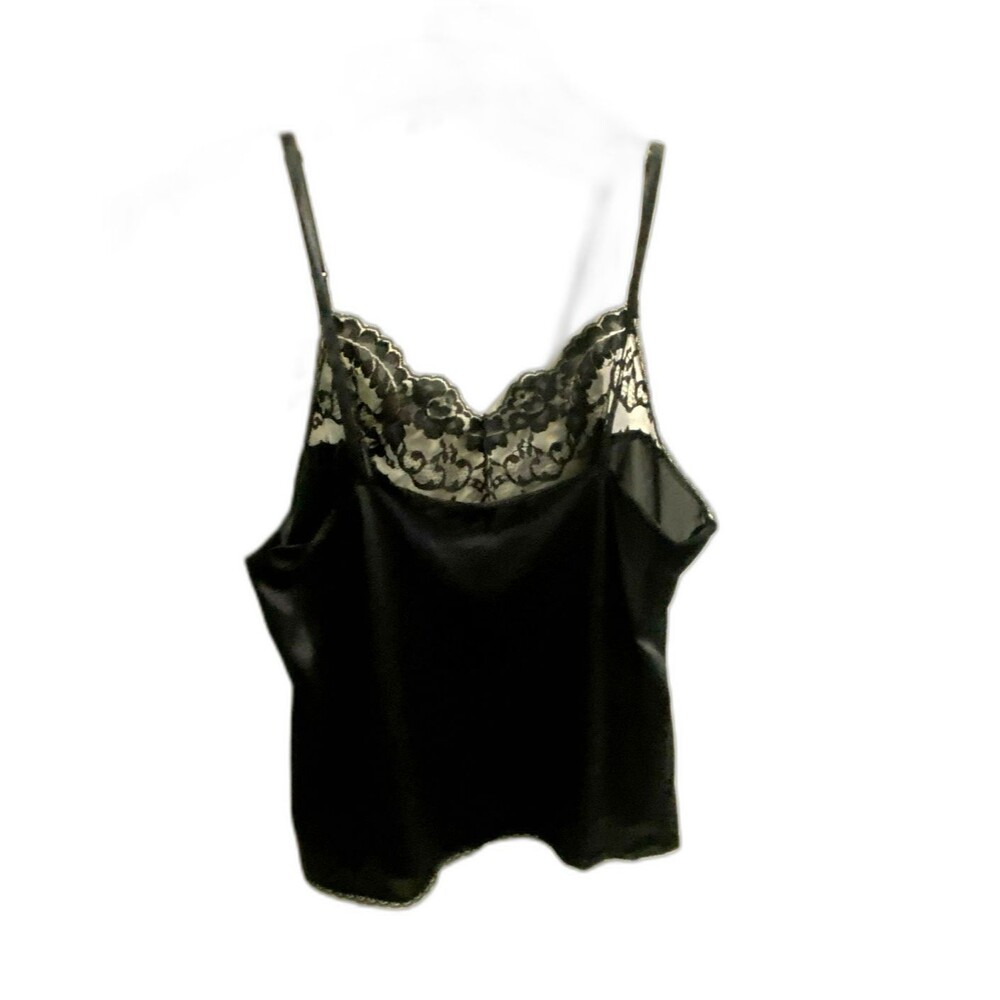 VTG Vassarette Slip Camisole Top Sz L Black Satiny Lace Trim Lingerie Sexy Tank